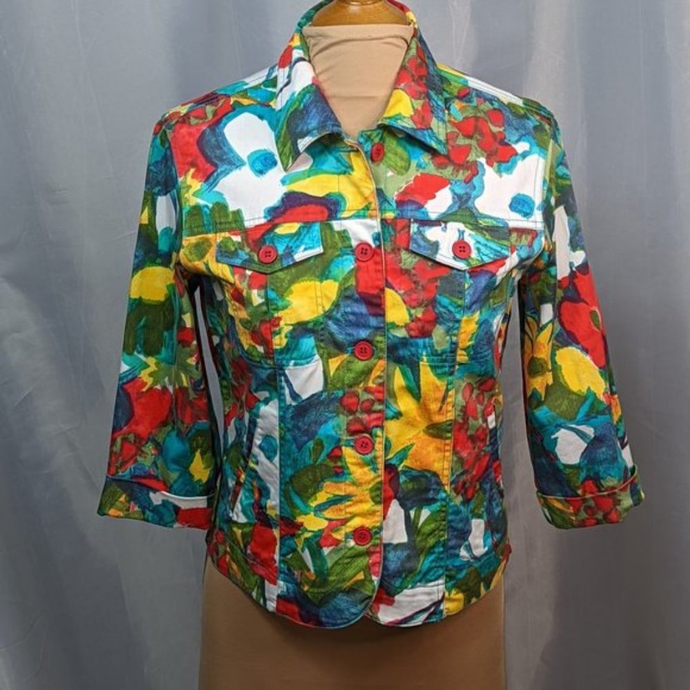 Coldwater Creek Cotton Three Quarter Sleeve Jacket Bright Watercolor Size XS